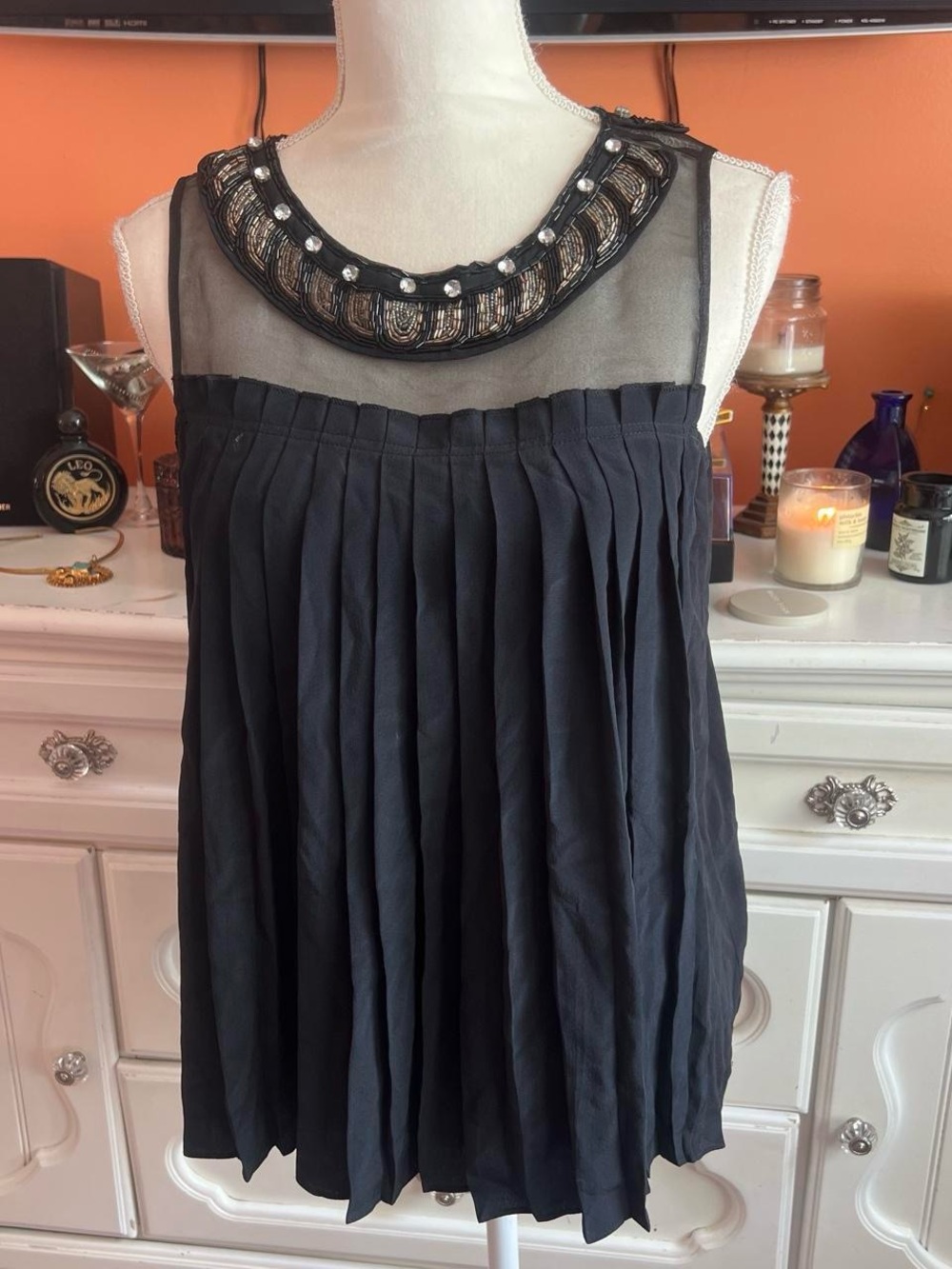 AKA New York Black Pleated Camisole with Beaded Mesh Yoke